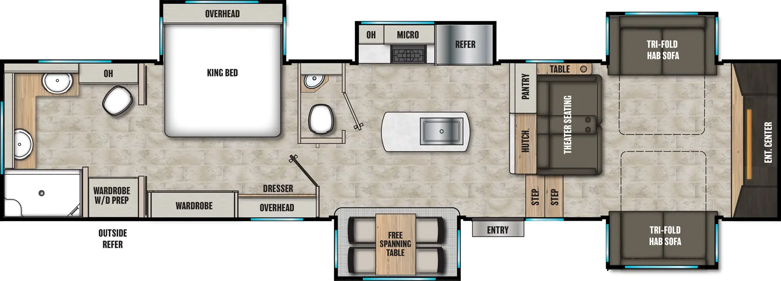 The Brookstone 344FL floorplan has one entry and five slide outs. Exterior features include: fiberglass exterior and 14' awning. Interiors features include: kitchen island, free-standing dinette option, front living, rear bathroom and bathroom and a half.